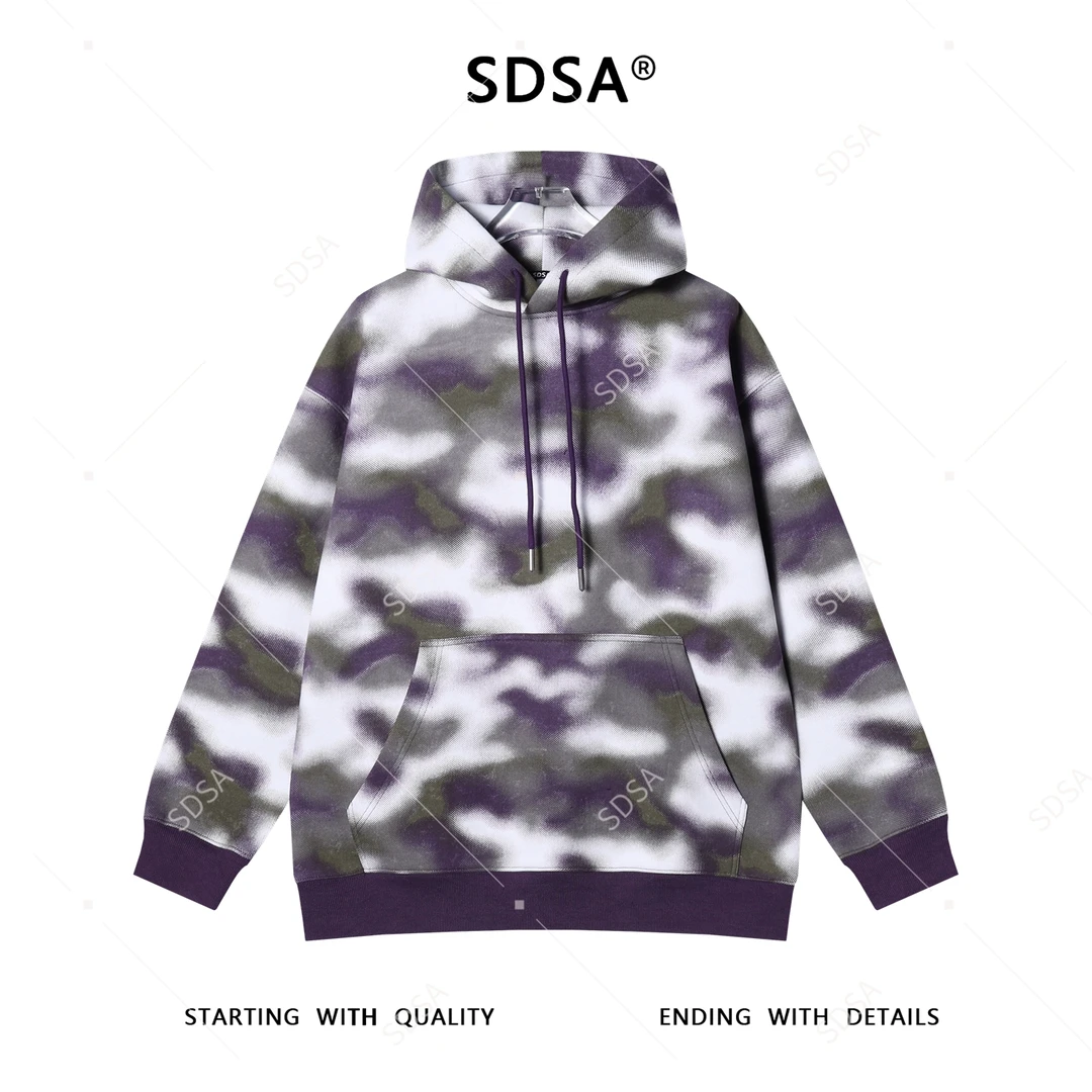 SDSA男士秋冬新款痞帅男装美式扎染撞色印花抽绳连帽卫衣宽松百搭