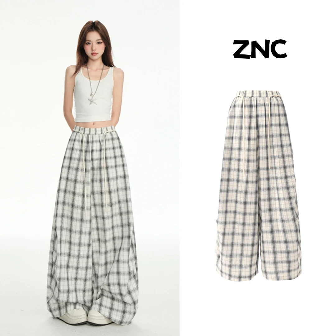 复古格子休闲裤女夏季薄款松紧腰廓形oversize宽松阔腿裤遛弯裤子