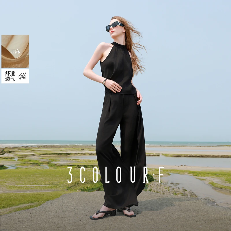 【亚麻套装】三彩独醒2025夏季新款休闲套装挂脖式休闲套装阔腿裤