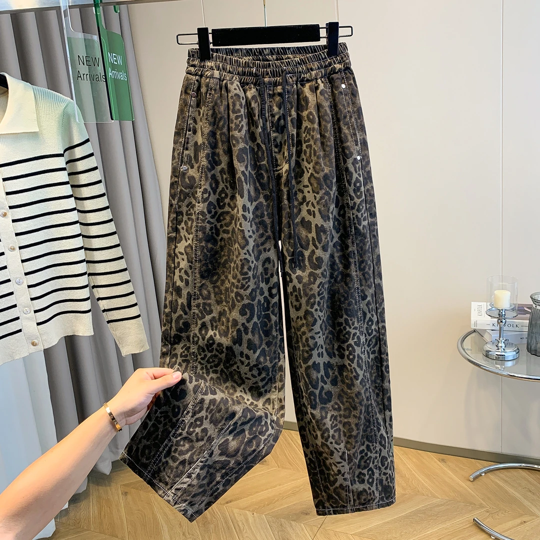 实拍大码女装胖MM秋冬百搭时髦新款豹纹炸街气质宽松休闲长裤个性