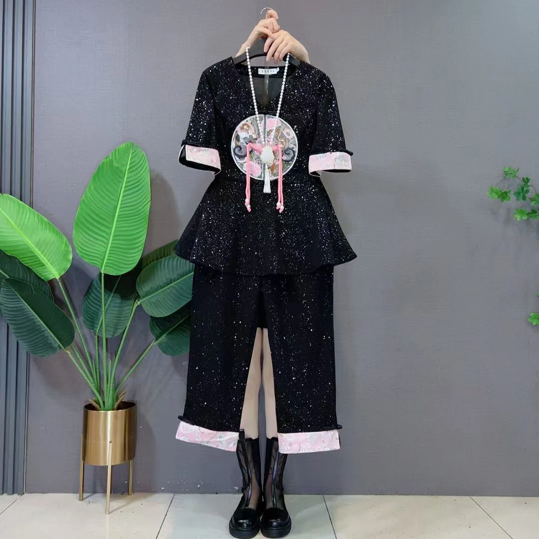 胖妹妹拼色袖口流苏扣上衣八分裤女装复古风百搭显瘦亮闪闪两件套