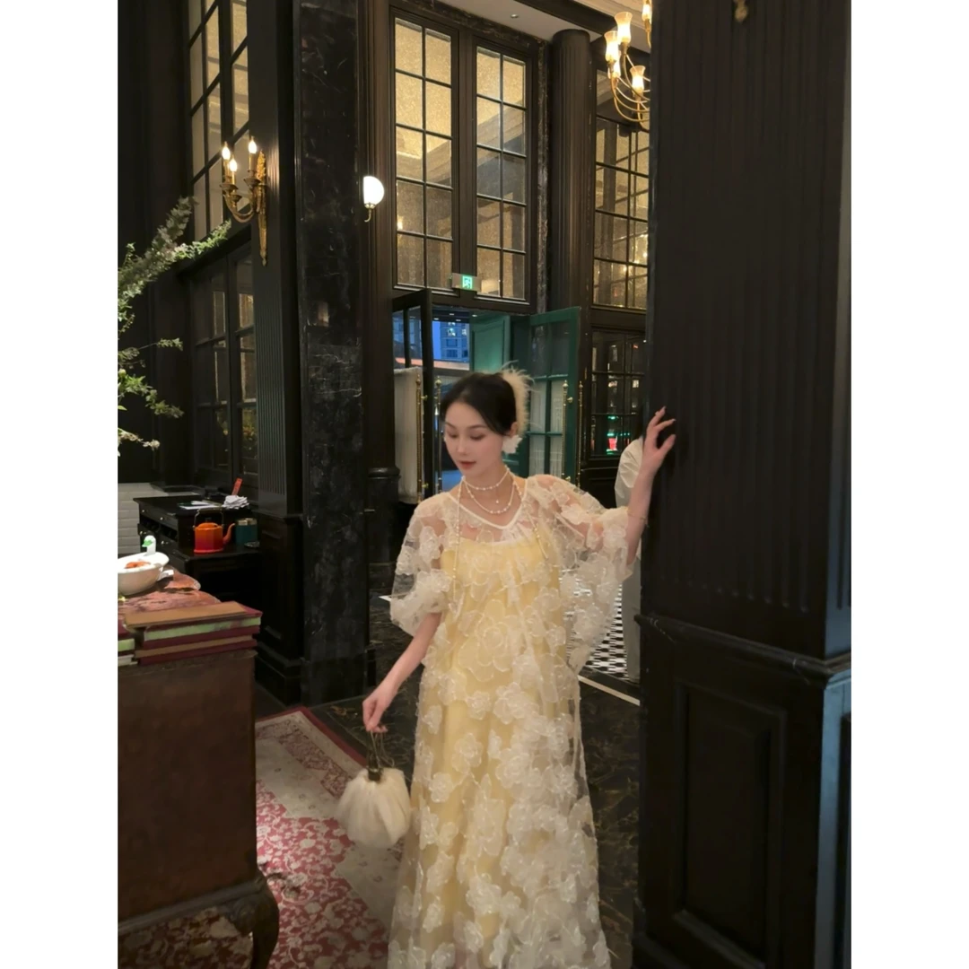 Mill Lin【落日浮光】重工网纱立体花刺绣镂空碎花显瘦连衣裙