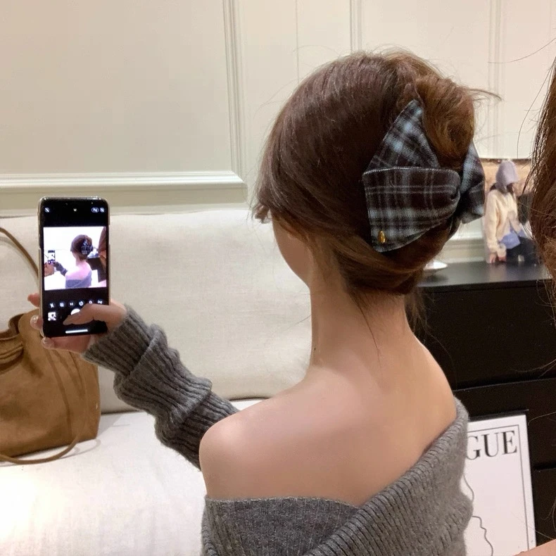 秋冬韩系复古格纹三角抓夹女气质后脑勺高颅顶发夹鲨鱼夹发卡头饰