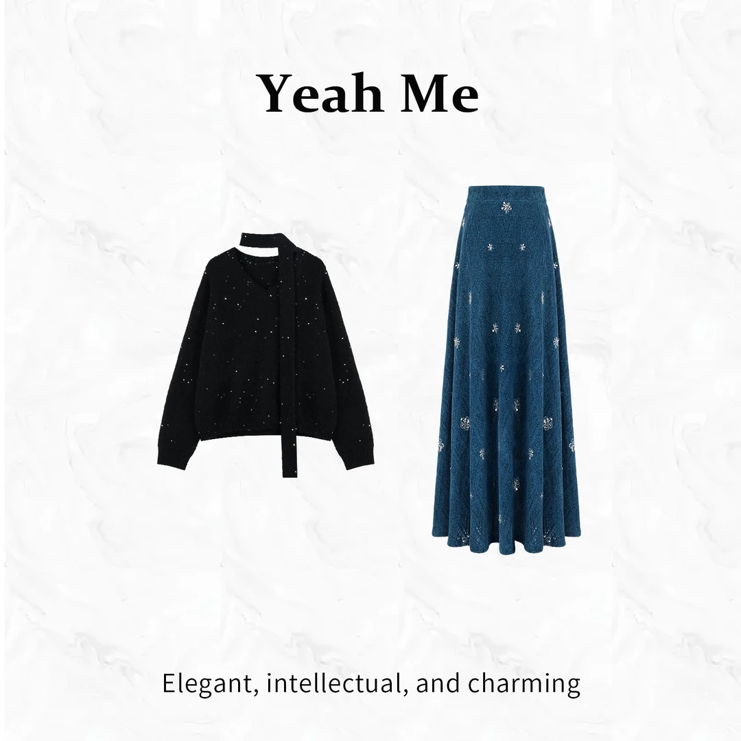 Yeah Me/也觅【远野星夜】冬季新款优雅气质休闲百搭毛衣半身裙套装