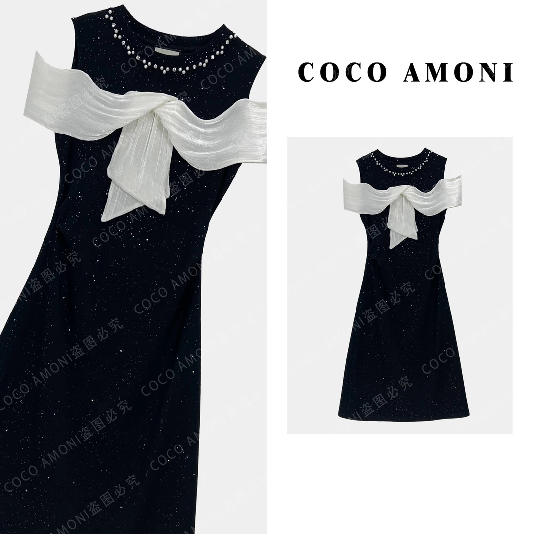 夏日轻奢设计师爆款拼接露肩亮钻蝴蝶结气质高端连衣裙AC450