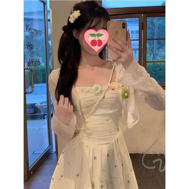 夏日来信两件套初恋甜美可爱连衣裙女收腰显瘦碎花吊带裙显瘦开衫