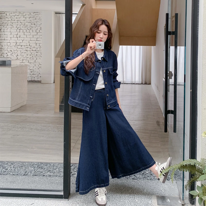 甜酷风复古牛仔外套阔腿裤套装2025春秋新款显瘦ins松弛感两件套