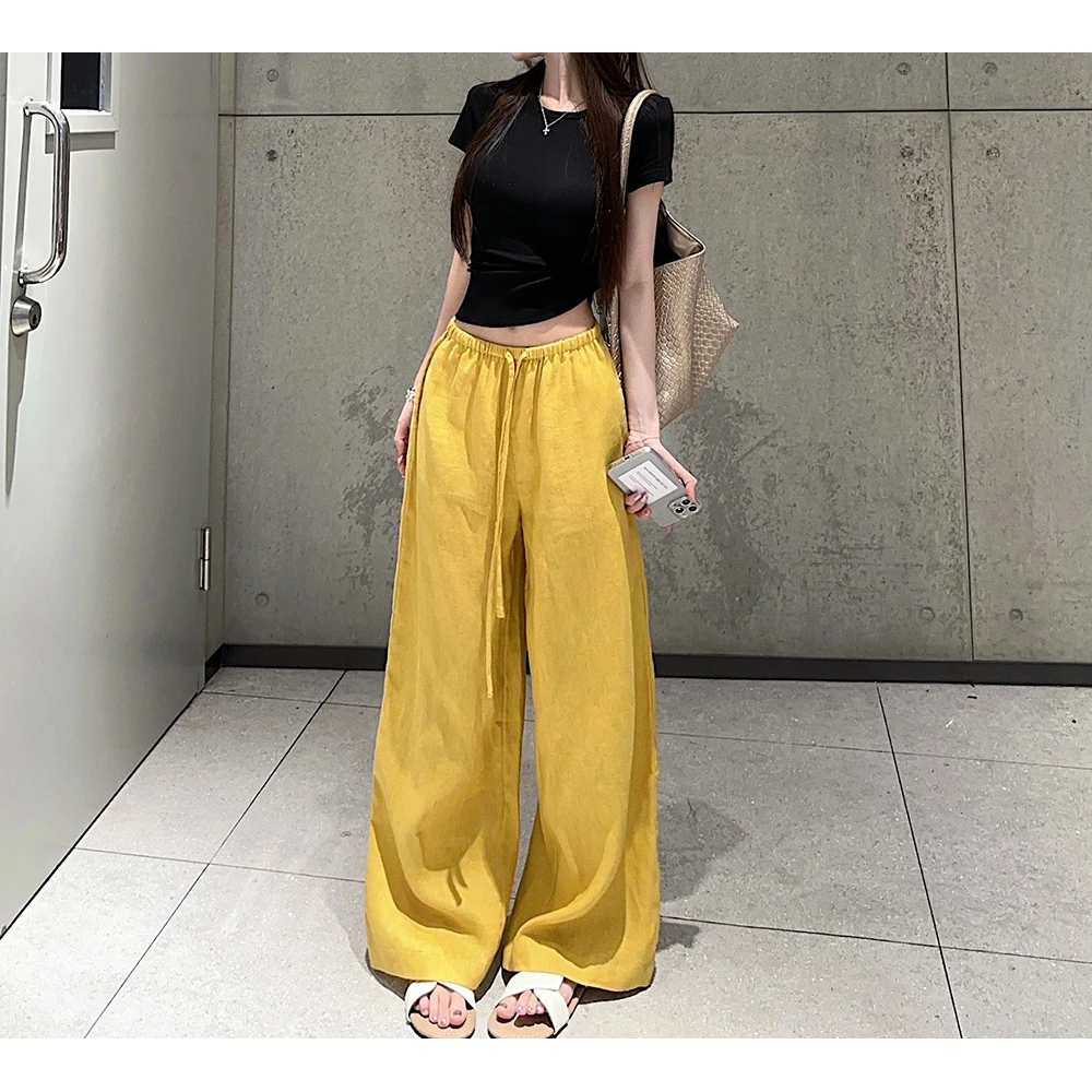 2025黄色亚麻阔腿裤女夏季拨款大码梨形身材小个子显瘦垂感直筒裤