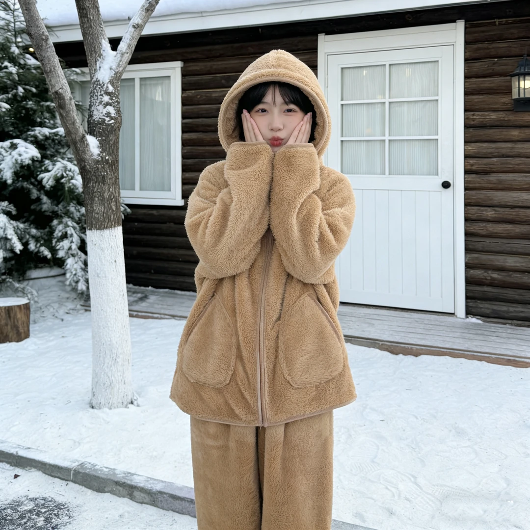 【达人】睡衣女冬季北羔绒可外穿套装加厚加绒家居服秋连帽大码纯色