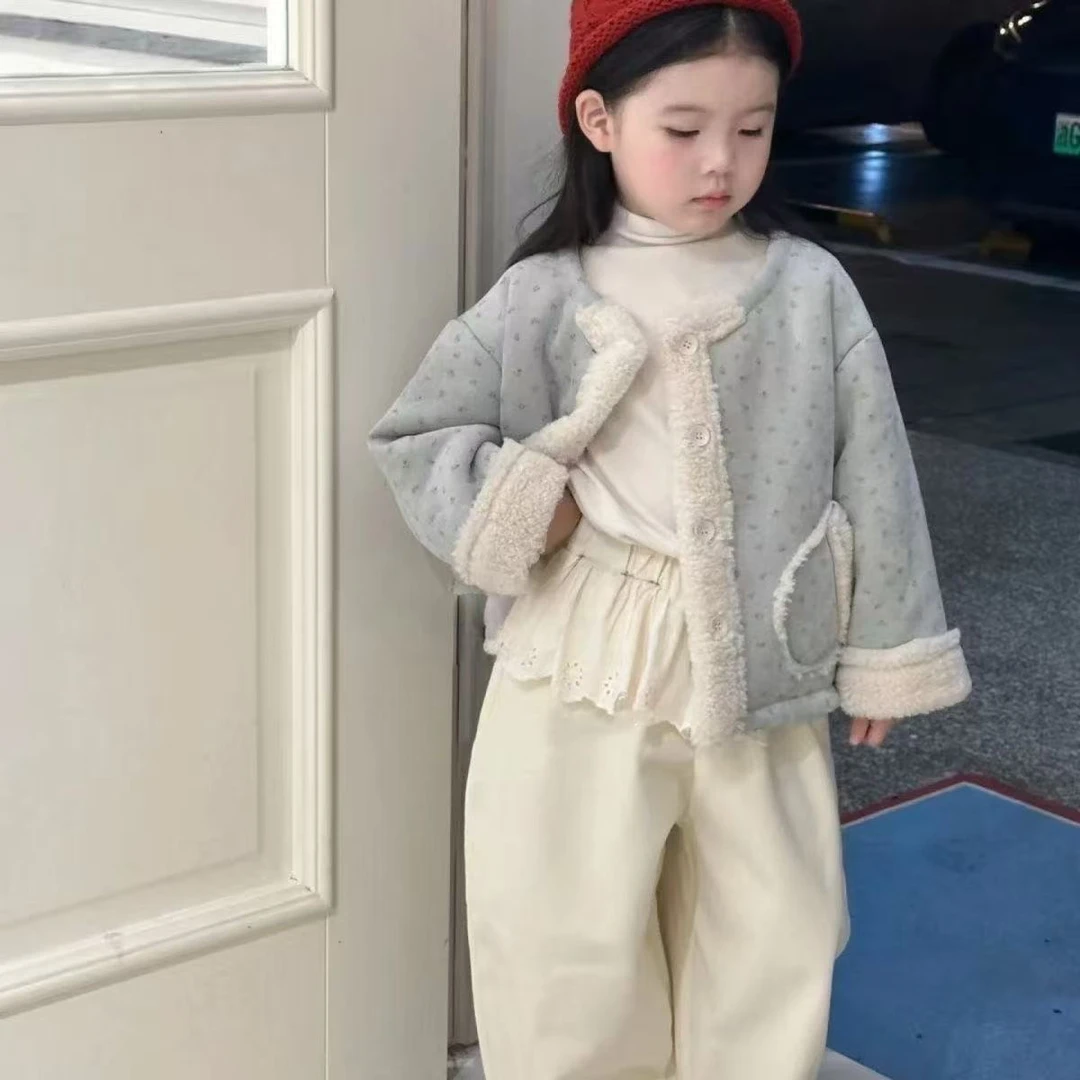 女童韩版羔羔毛外套加绒加厚2025冬季新款洋气毛毛香风外套短款