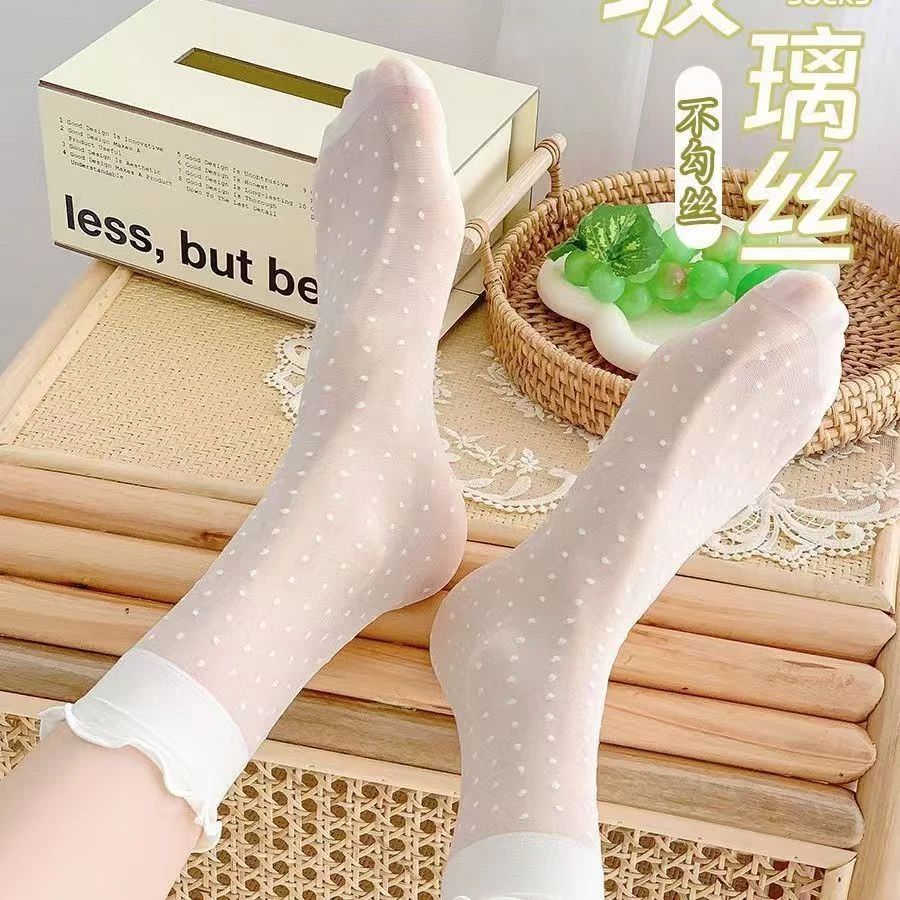 夏天袜子冰丝短袜超薄无跟袜蕾丝花边女夏季网眼洛丽塔吸汗堆堆袜