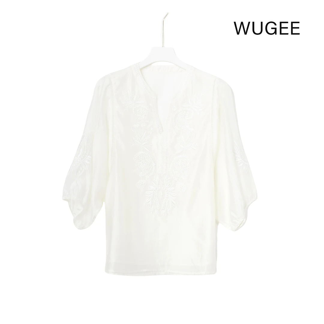 【WUGEE】夏季刺绣V领气质百搭时尚提花衬衣23300