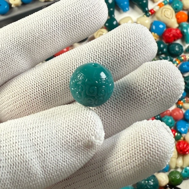 雪巴琉璃松绿色回纹圆珠雕刻镶嵌圆形单圈手工彩色隔珠桶珠