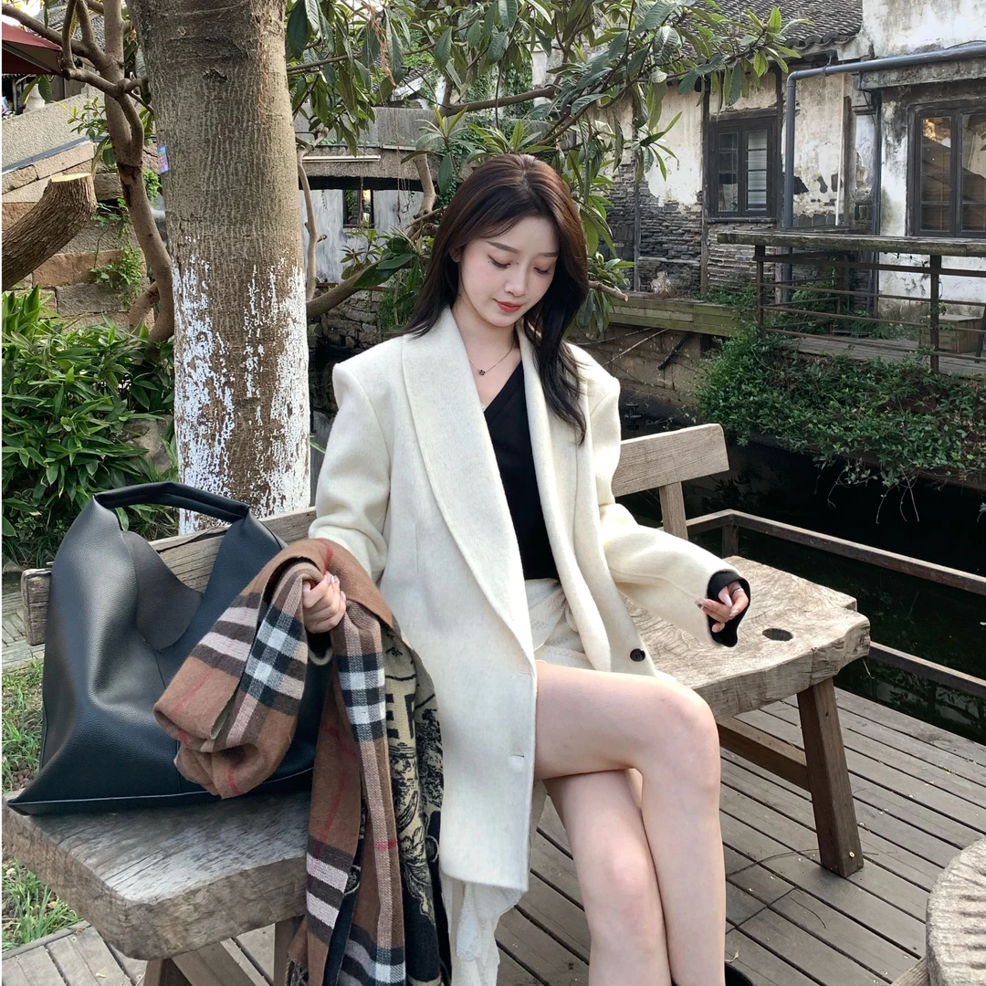 Frida.zz-垫肩青果领气质双面妮西装羊毛大衣