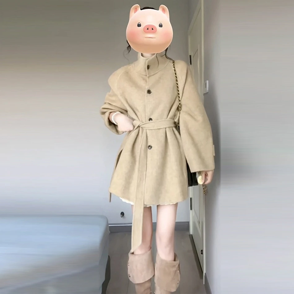 2025秋冬中长款双面绒毛呢外套女气质时尚立领小个子短款呢子大衣