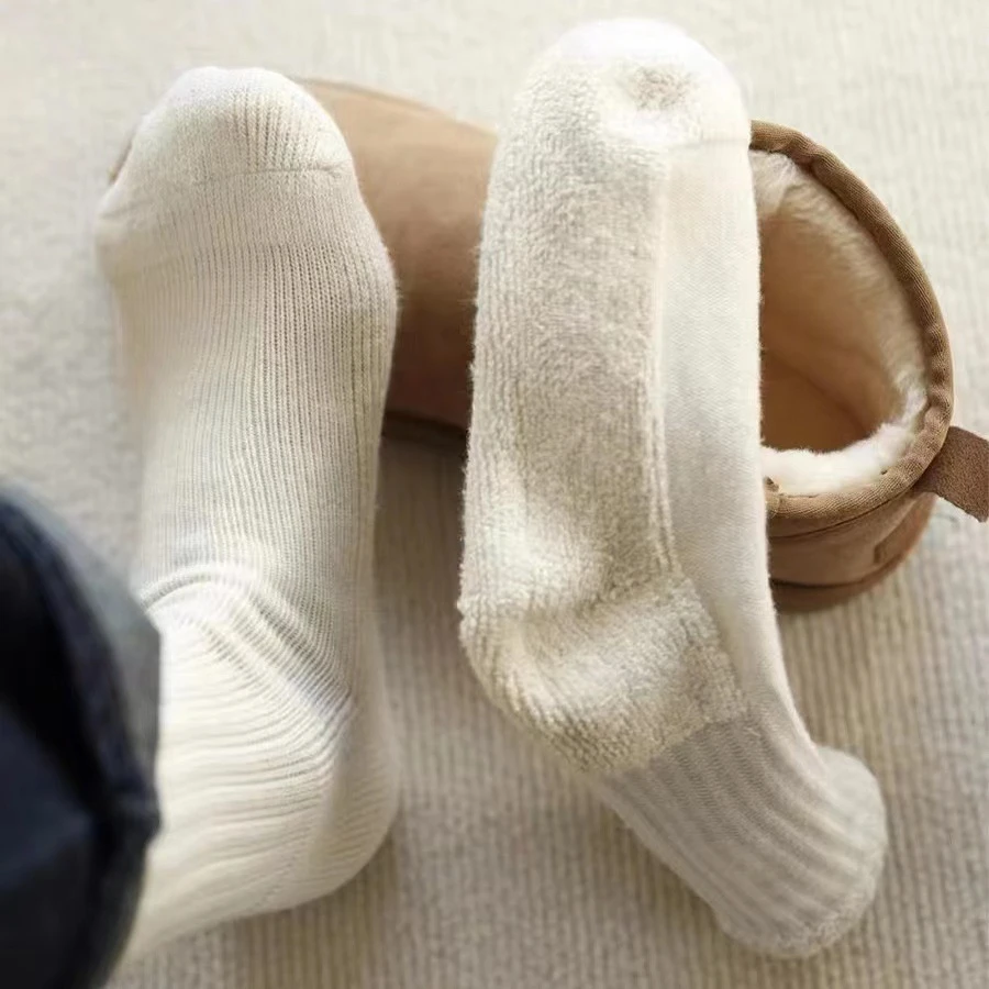 运动风诸暨袜子男士纯棉加厚毛巾底白色中筒运动男袜防臭吸汗秋冬