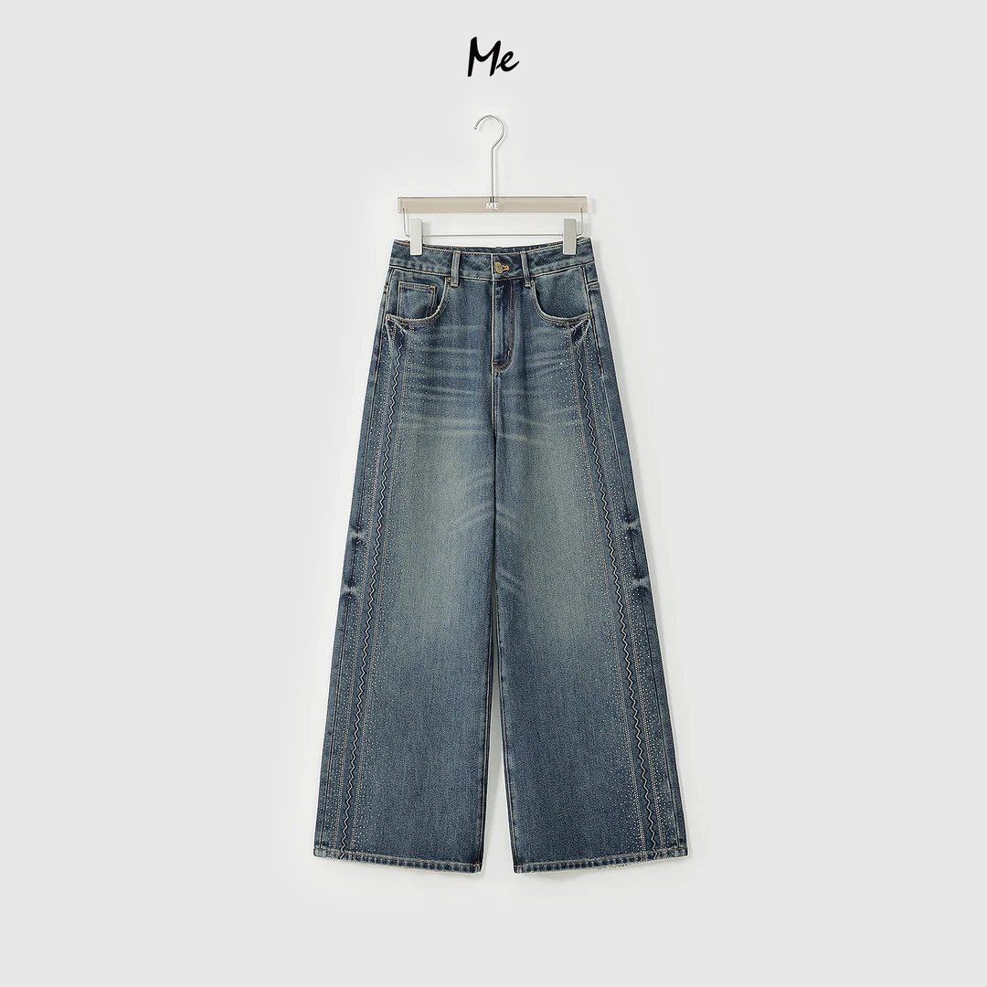 ME【星际磨毛原牛】重工烫钻设计骨线高腰显瘦百搭牛仔裤MESA3343
