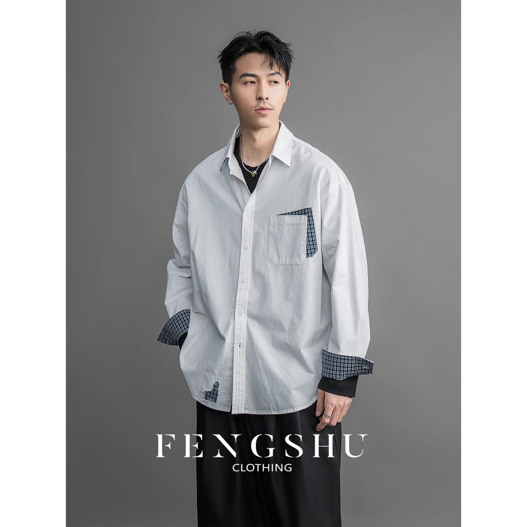 FENGSHU 设计感拼接格子衬衫男秋季新款百搭翻领衬衣百搭休闲上衣