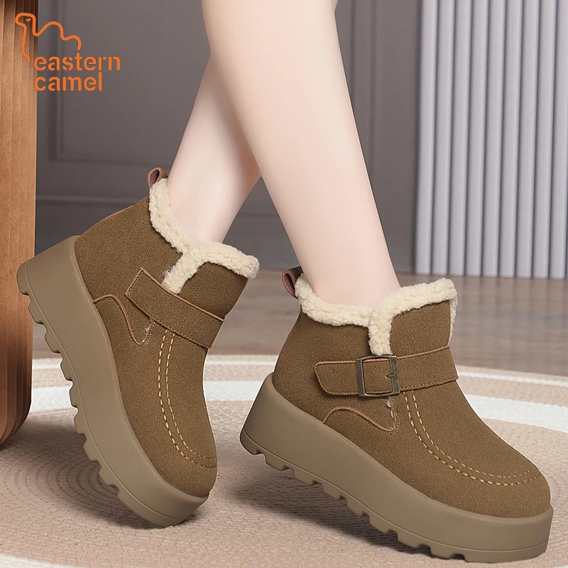 东方骆驼厚底加绒勃肯鞋女士冬季新款防滑增高毛绒保暖雪地靴棉鞋