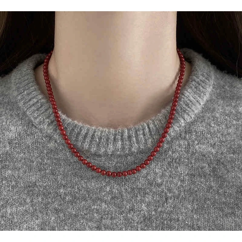 时尚百搭三件套安可拉红6mm元宝扣设计款项链