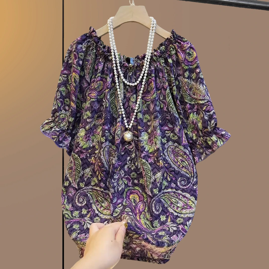 大码女装胖妹妹夏季一字领常规短袖通勤碎花衬衫洋气上衣宽松小衫