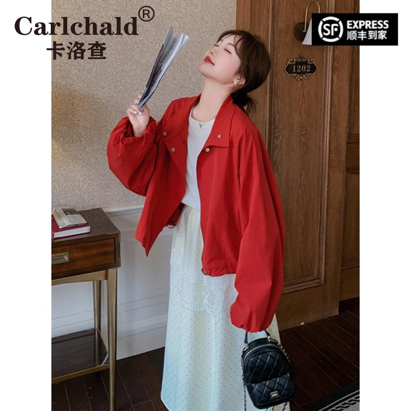 CARLCHALD卡洛查红色立领冲锋衣女秋季2025超火减龄短外套独特超