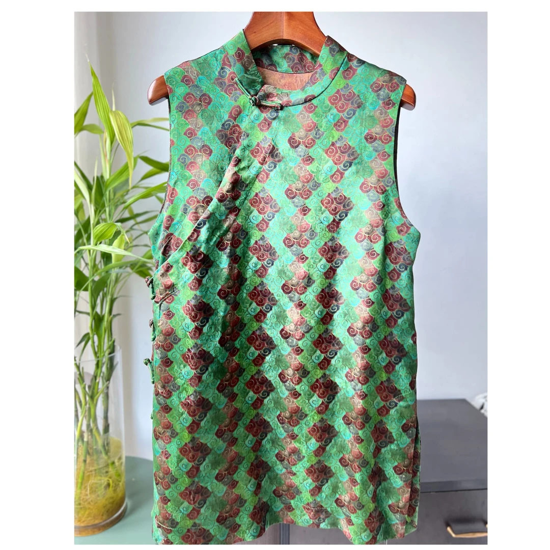 允陌【翡翠】直播肩同价 奥黛风桑蚕丝人丝花萝香云纱国风无袖上衣