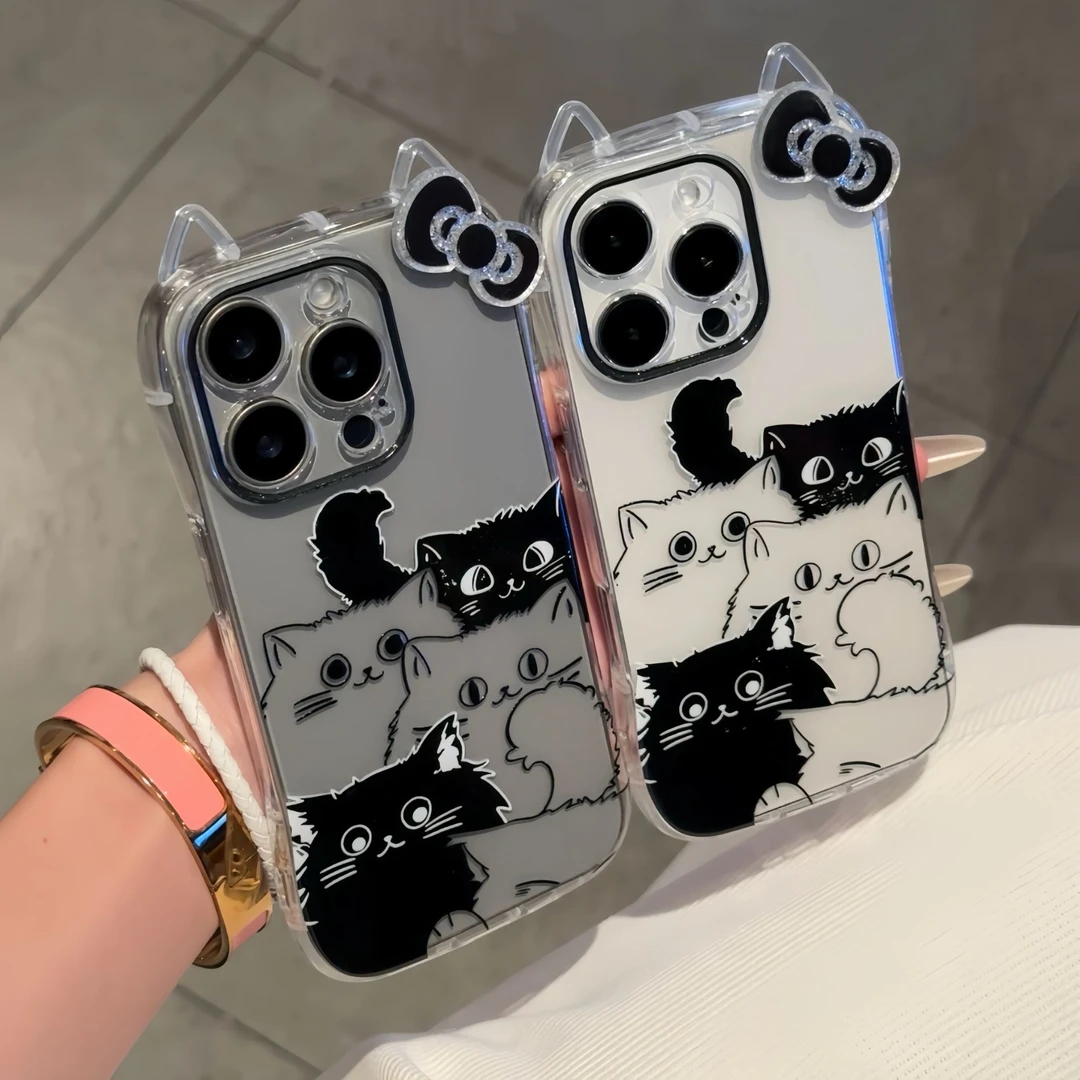 BANCA叠叠黑猫立体蝴蝶结适用苹果16pro猫耳朵手机壳15/14/13