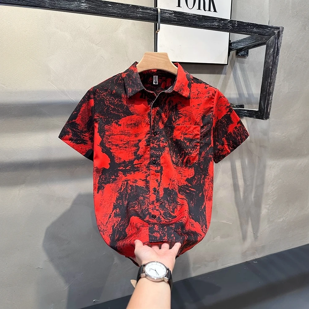 冰丝薄款花衬衫男夏季宽松休闲短袖衬衣潮牌潮流美式痞帅男式上衣