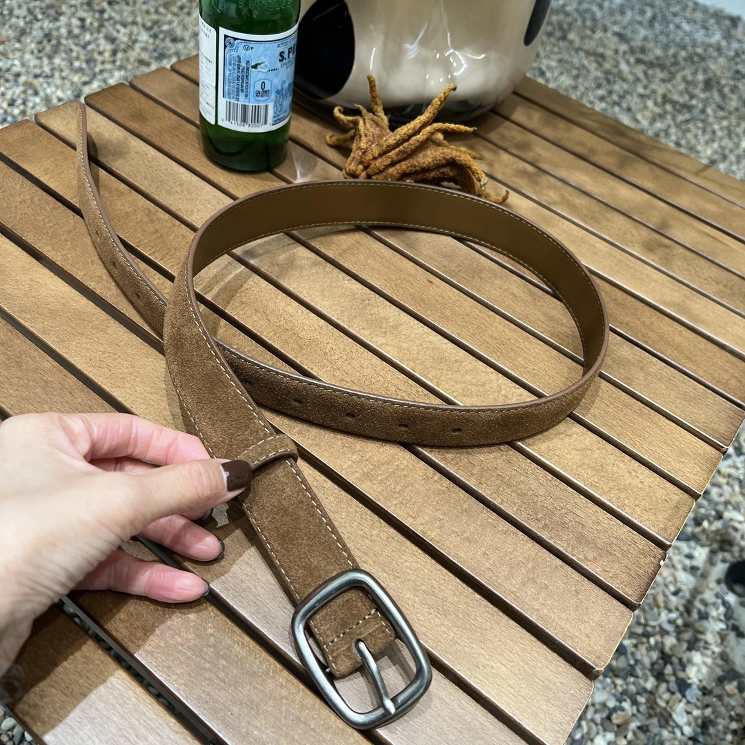 复古真牛皮绒腰带女2.8cm宽装饰时尚简约高级感针扣皮带