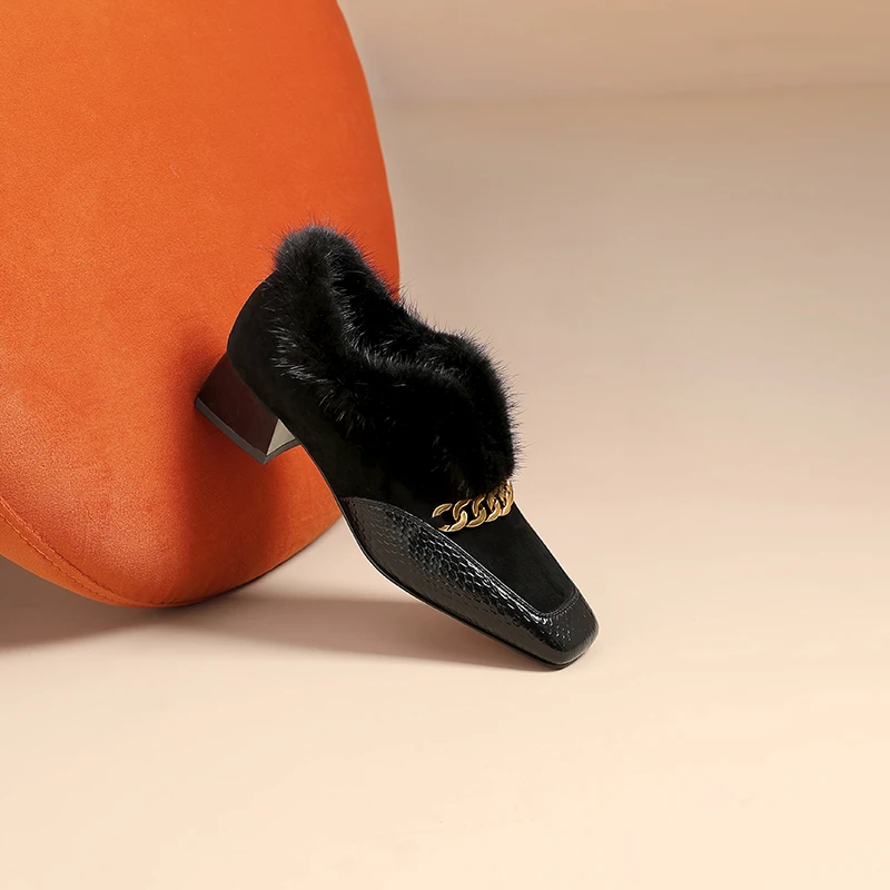 AMEINOR艾瑂儿2025新款冬季加绒保暖方头女舒适低跟深口单鞋680