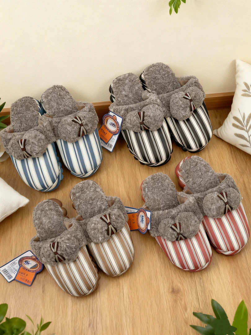 海军风时尚可爱毛球PU皮防水厚底防滑女秋冬室内居家棉拖鞋