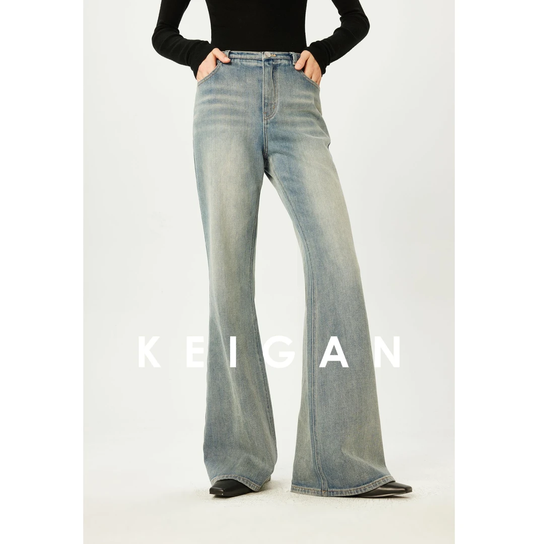 KEIGAN/开间超模腿欧洲极简窄腰复古摩登水洗猫须微喇牛仔裤显瘦