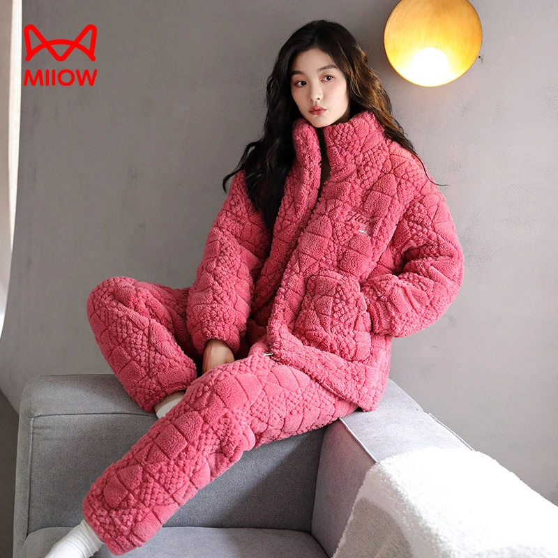猫人经典女士珊瑚绒夹棉冬季睡衣套装2025新款三层加厚加绒家居服