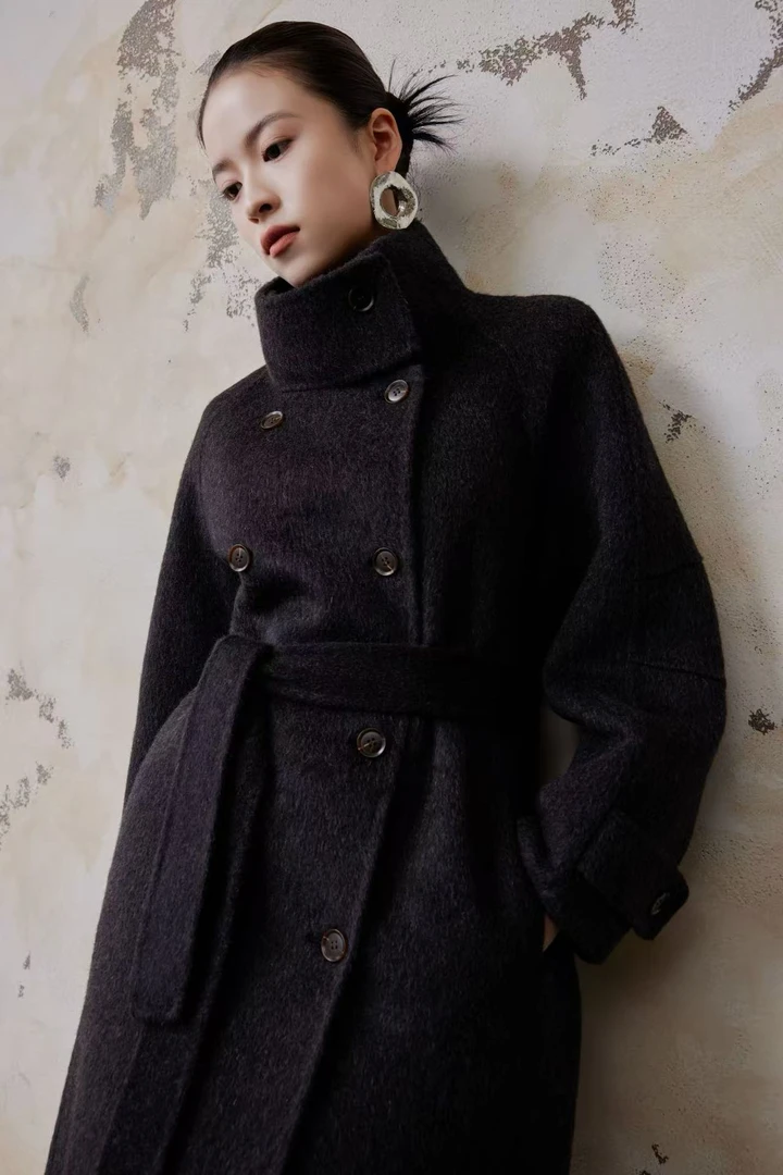 JIUER落肩袖女常规立领宽松型毛呢外套网红呢大衣双面韩版078