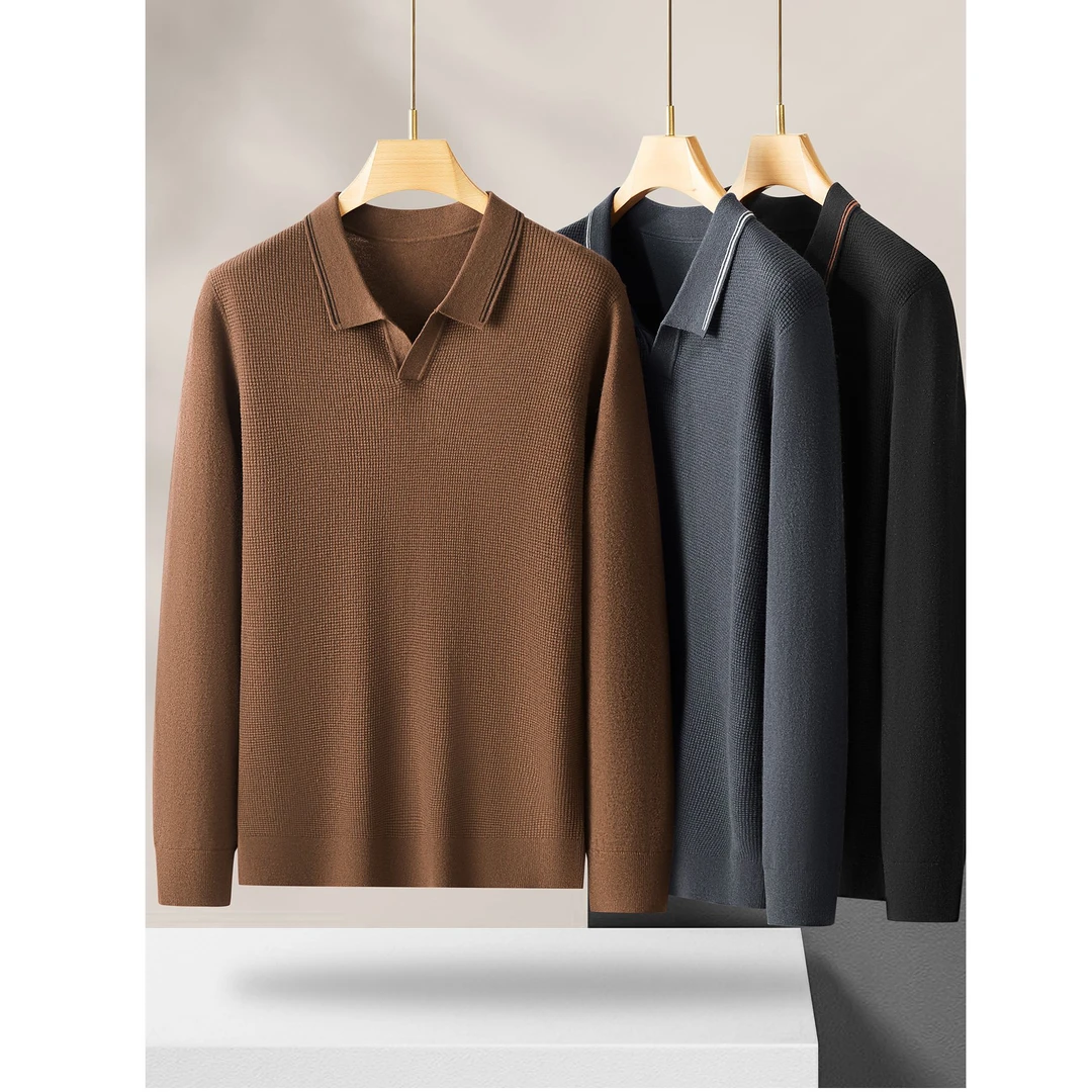 弗基马奇男士宽松海鸥领毛衣加肥加大秋季含羊毛商务长袖针织衫