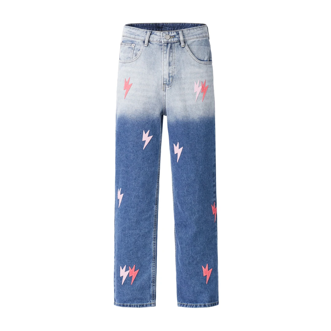 潮牌渐变闪电牛仔裤直筒美式高街拼皮高端复古时尚宽松水洗长裤男