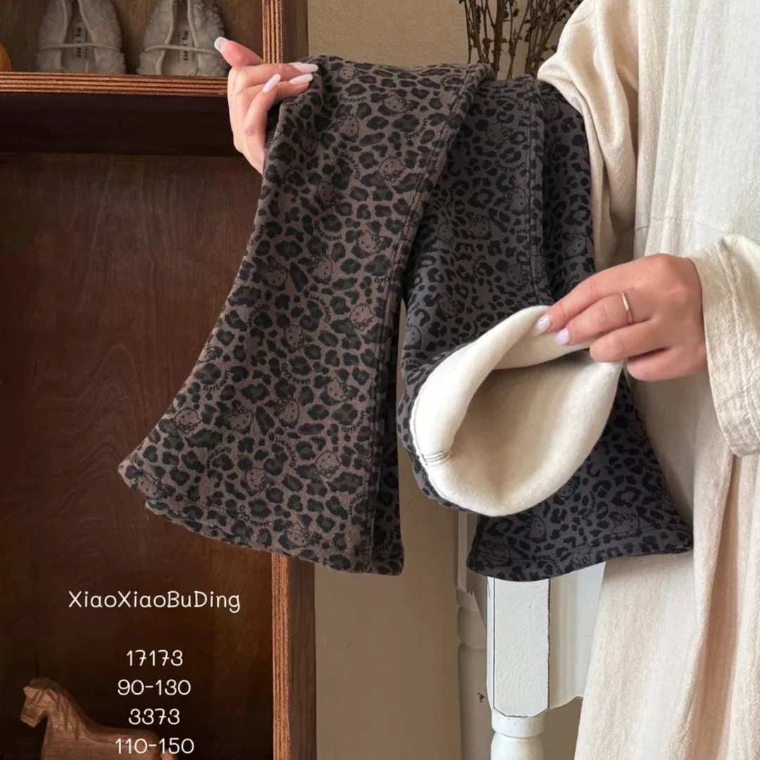 女童2025年加绒加厚豹纹喇叭裤秋冬甜酷休闲百搭洋气长裤