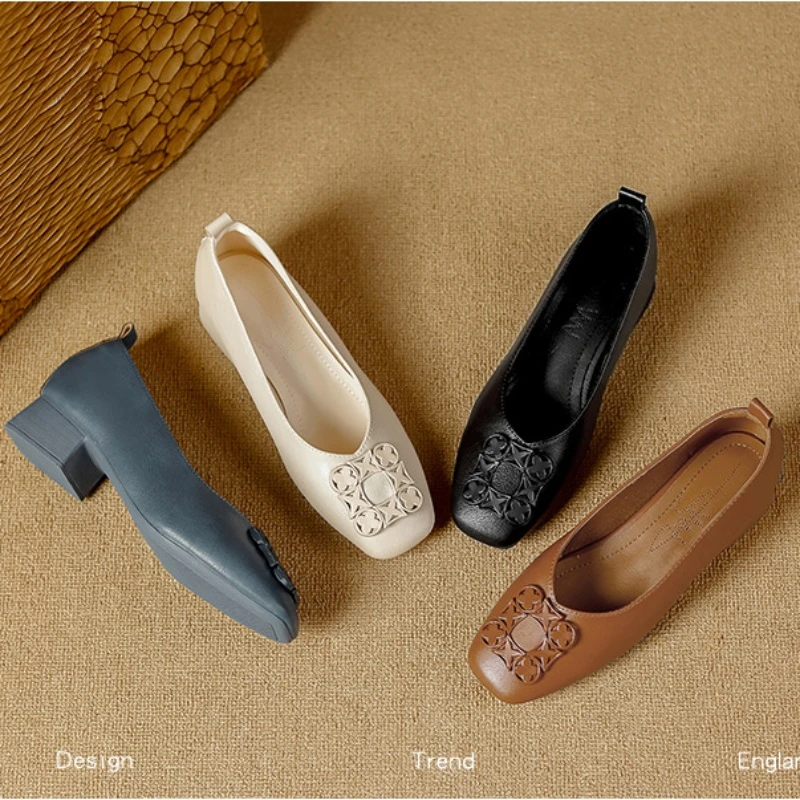 真皮牛皮/跟高3厘米 34码-40码 2025新款百搭经典V口方头单鞋