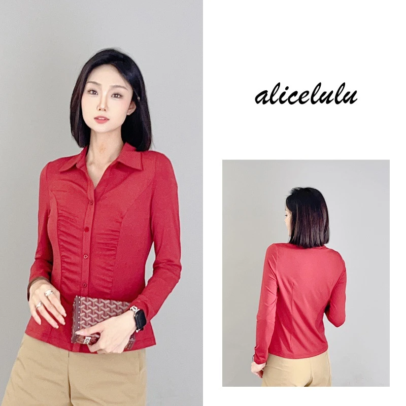 5 alicelulu “西瓜红”衬衫 时髦褶皱 优雅显瘦 S1034160E