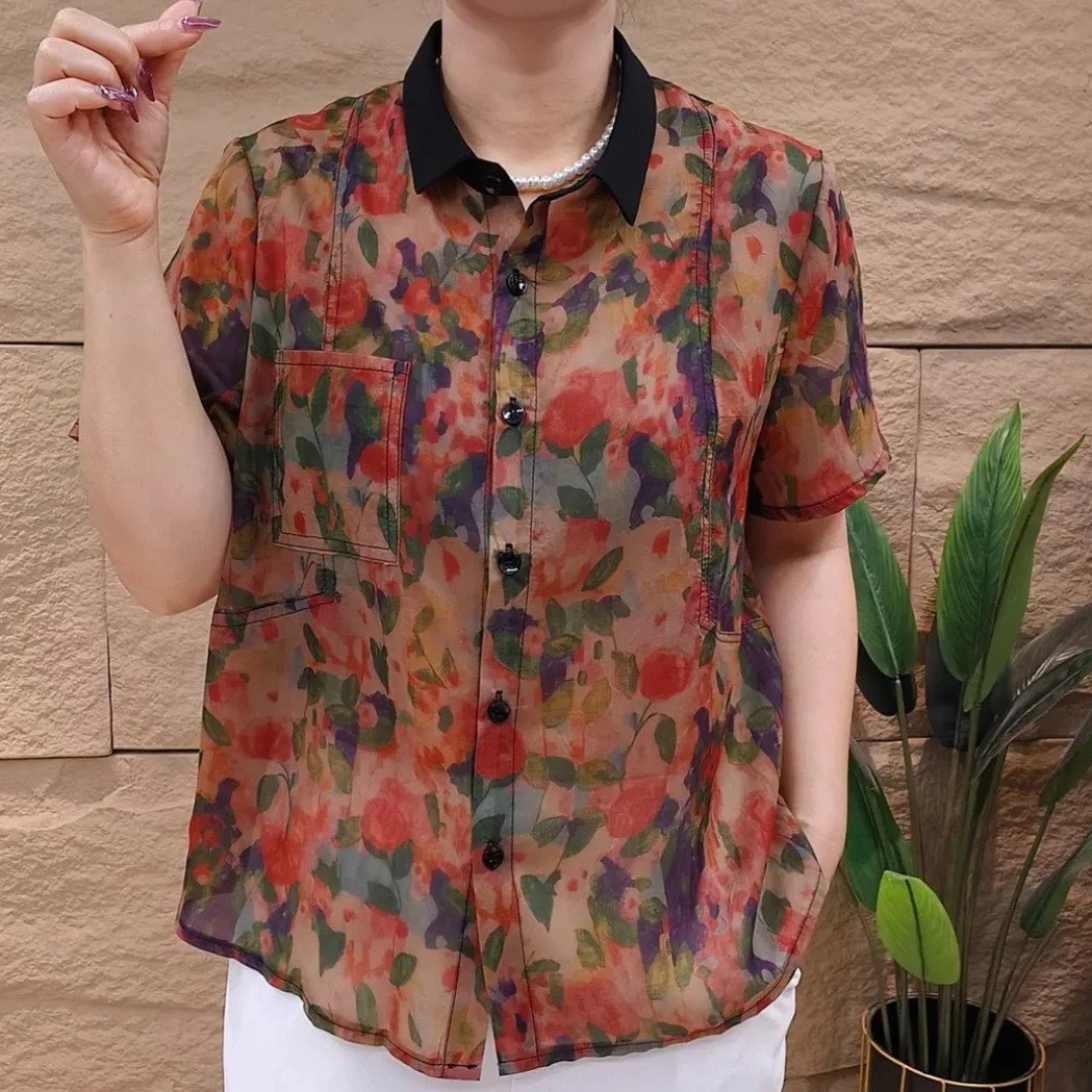 小碎花翻领超薄宽松休闲遮肉短袖小衫