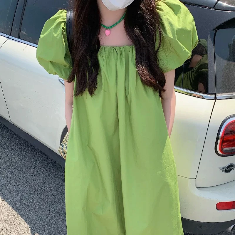 青苍～大码夏季泡泡短袖宽松微胖妹妹长款连衣裙