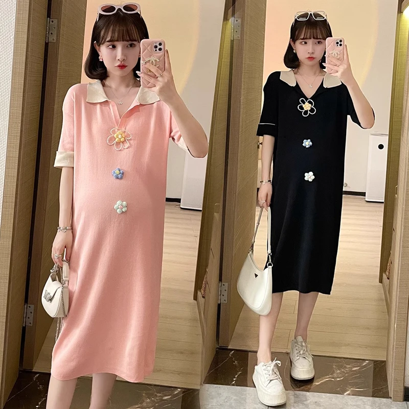 SuSu新款夏季孕妇针织连衣裙花朵翻领短袖甜美减龄软糯舒适