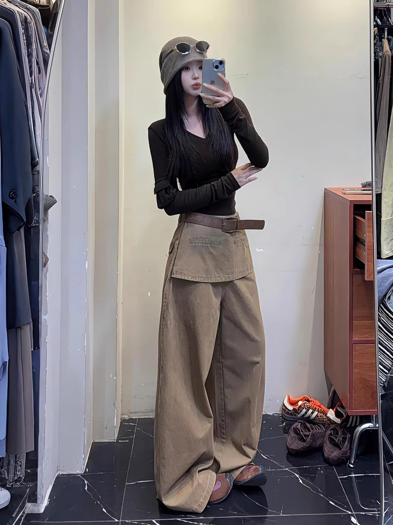 2025秋季新款韩系老钱风口袋设计感显瘦上衣休闲宽松阔腿裤两件套