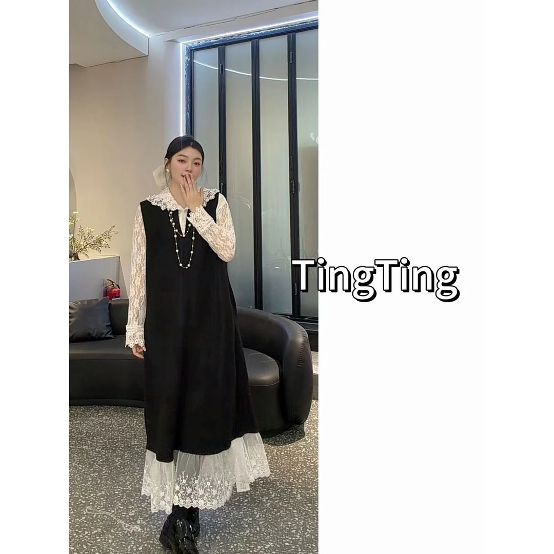 婷婷专属2025胖mm洋气韩系简约时尚气质蕾丝内搭+长马甲套装8922