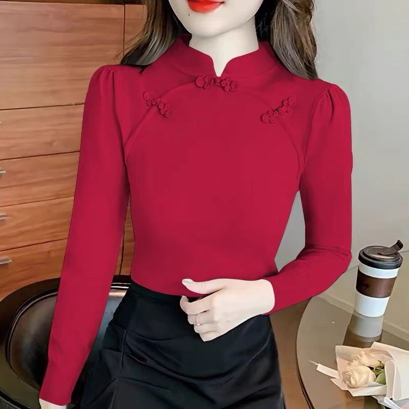 德绒新中式复古盘扣立领打底衬衫女秋冬保暖修身显瘦长袖百搭上衣