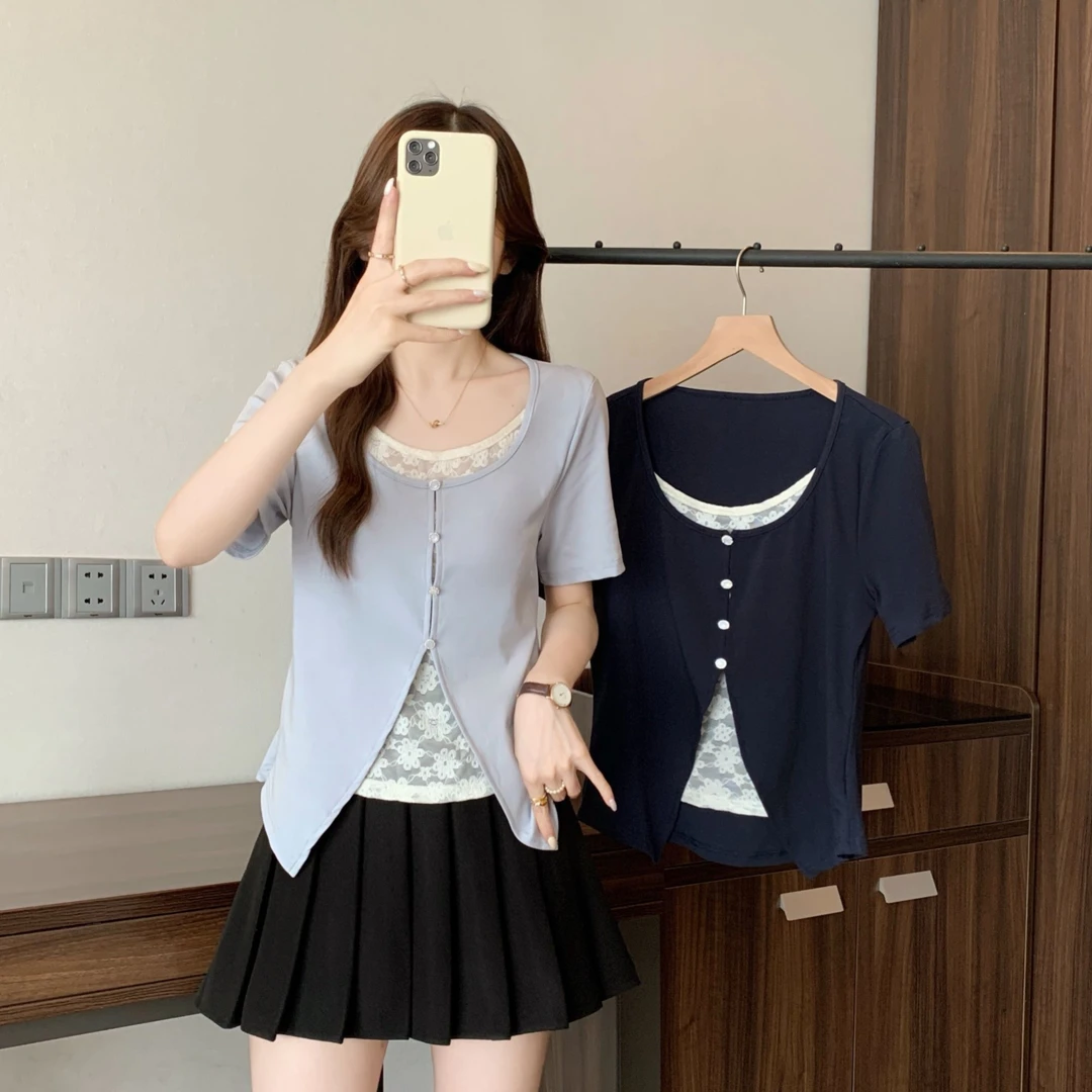 清2025夏季款胖mm大码女拼接蕾丝假两件短袖T恤正肩别致上衣64808