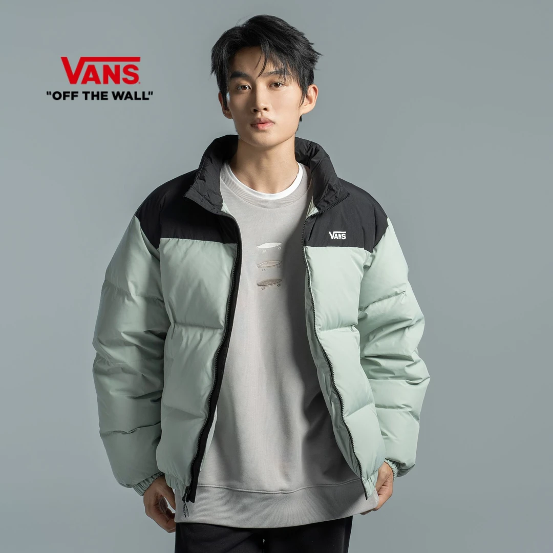 【80%鸭绒】Vans范斯官方 情侣灰绿色羽绒服夹克LOGO拼色立领P30ZRT