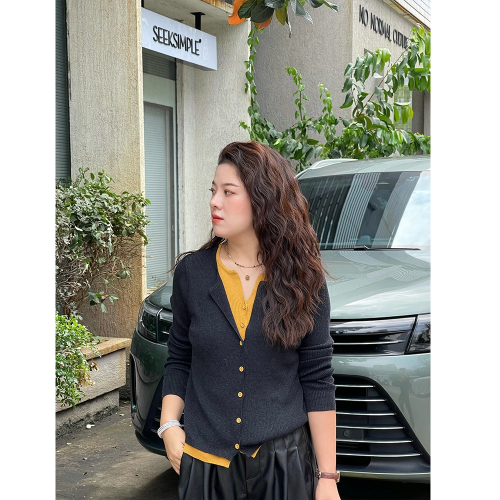 WenWen小个子2025韩版秋季新款拼接假两件设计针织纽扣毛衣4333