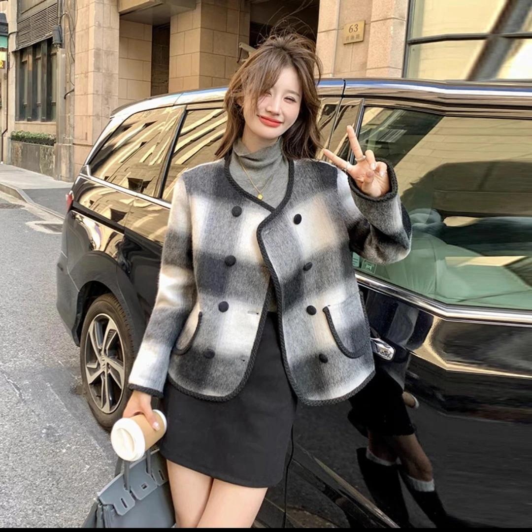 小香风羊毛格子短外套女25秋冬季新款小个子洋气呢子上衣6955